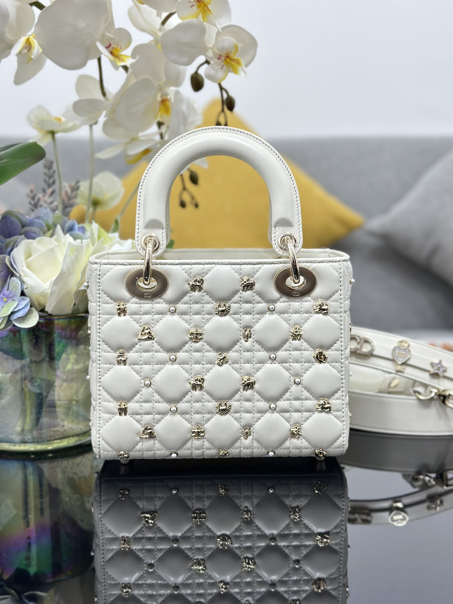 Small Lady Dior Bag White Lambskin with Star Sign Nail